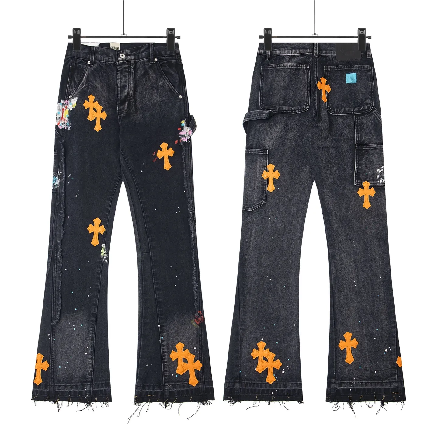 #8176 P260💰 Independent GALLERY DEPT. Vintage splash-ink splicing black and orange cross loose washed flared jeans - truly restore the ultimate vintage texture - original hardware accessories washed and other elevators, QR code analysis are all purchased from the original factory, high degree of restoration, you are welcome to compare with a certain product ~ - three-dimensional version Loose and comfortable, not picky about the figure, tall and slim, factory Seiko, original factory quality control, same style for men and women, can be matched with couples, versatile recommendation Essential jeans for all seasons - sizes: 28 30 32 34 36